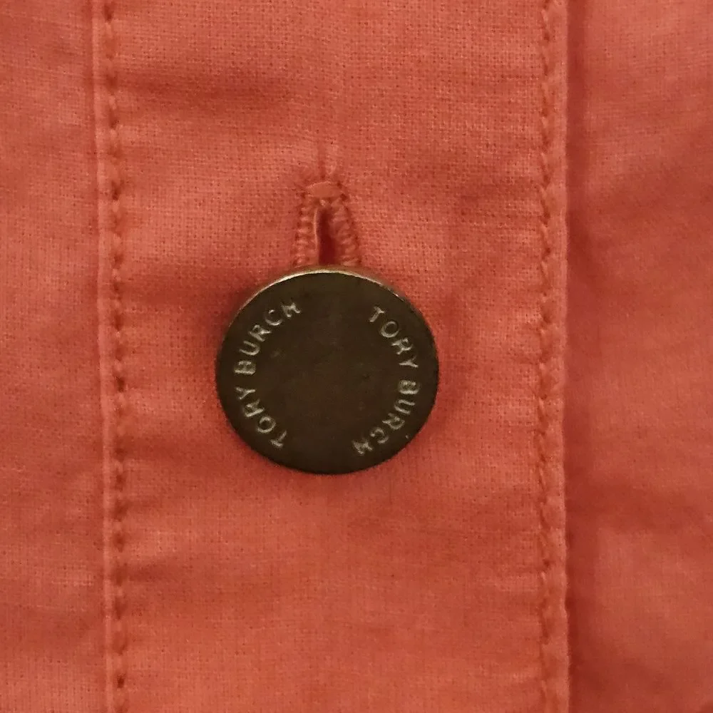 Tory Burch Top Womens 4 Gold Buttons Up Tangerine Red Orange Cotton Preppy Shirt
